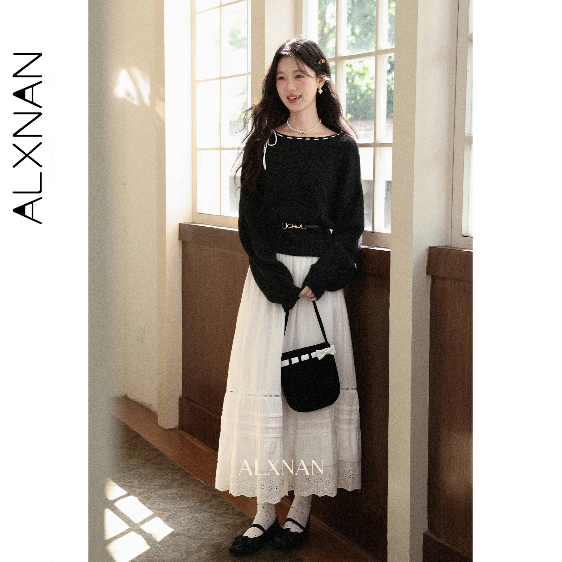 

ALXNAN Women's Round Neck Sweater Drawstring Off-shoulder Long Sleeve Loose Knit Top Sweet Style Autumn Casual Pullover L57203