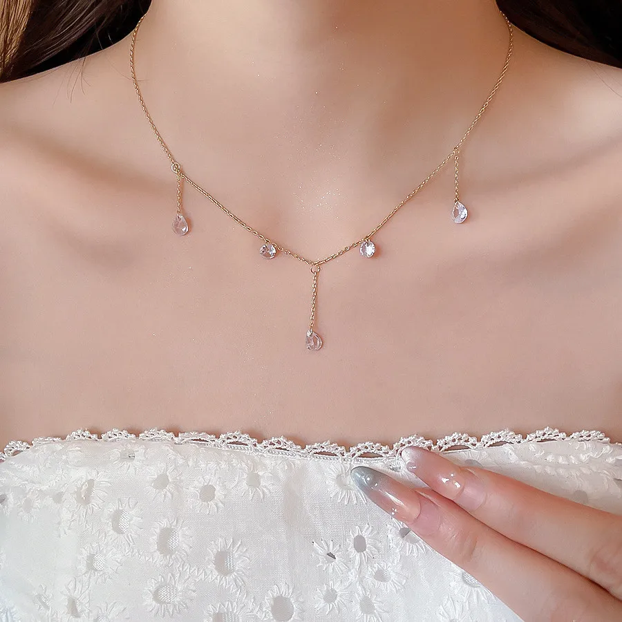 Zircon Water Drop Tassel Necklace European American Fashion Simple and Versatile Elegant Collarbone Chain Light Luxury Jewelry