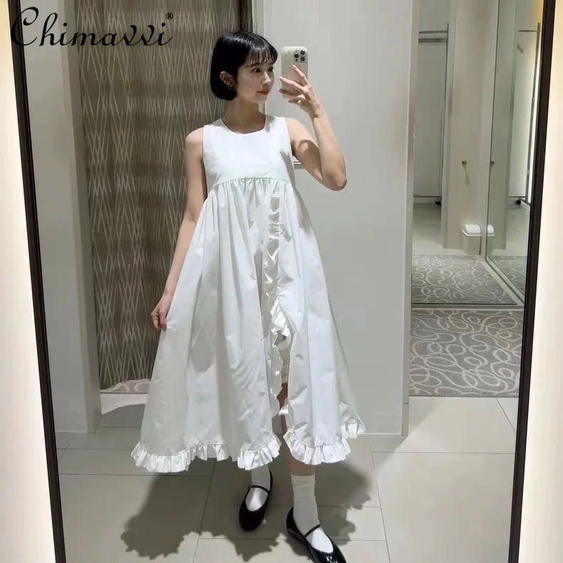 

Japanese Sweet Girl Sleeveless Fungus Edge Dress 2025 Summer New Fashion Round Neck Loose Temperament Pink White Black Dress