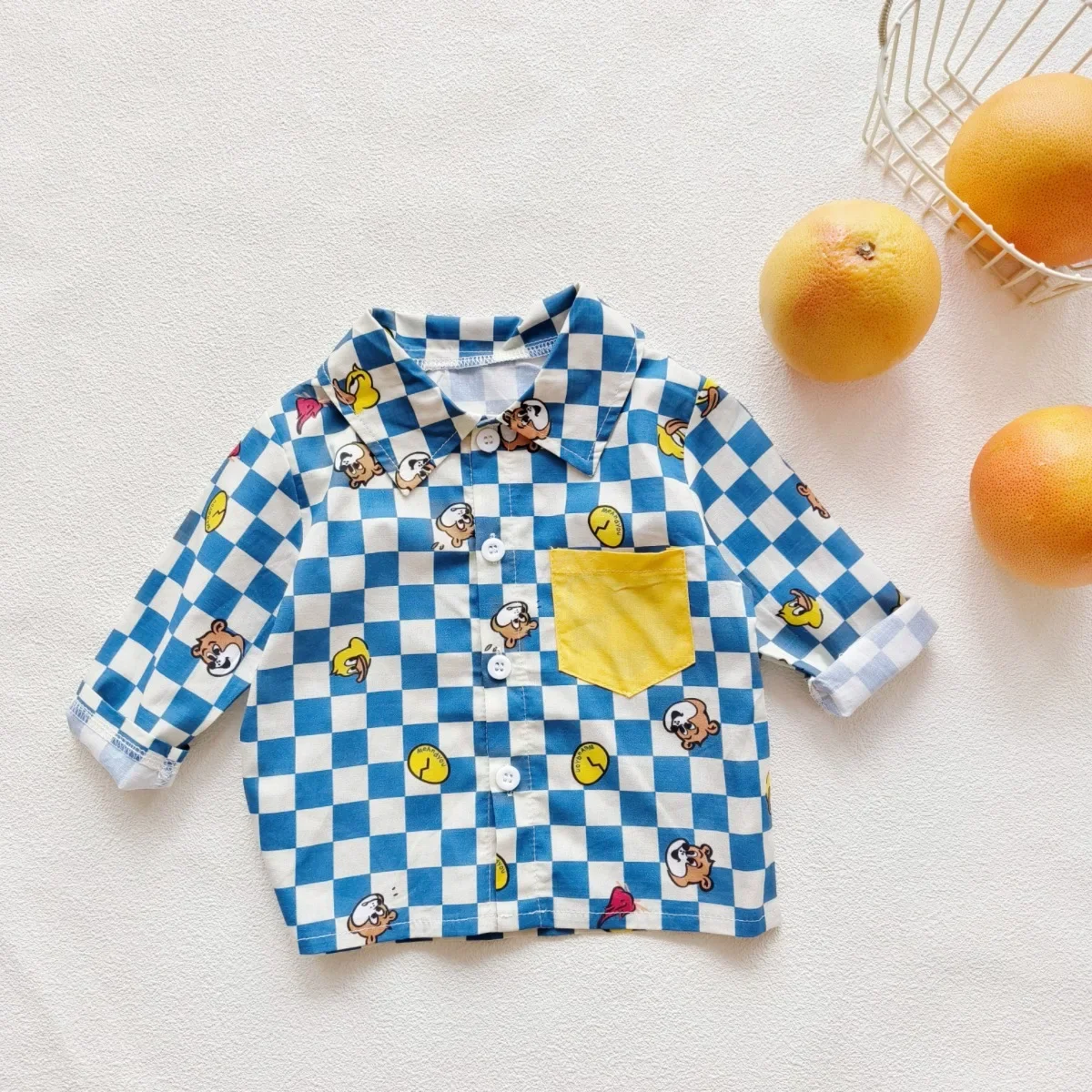 2024 Spring/Autumn New Infant Toddler Pure Cotton Grid Cartoon Printed Long Sleeve Single-Breasted Buttoned Shirt