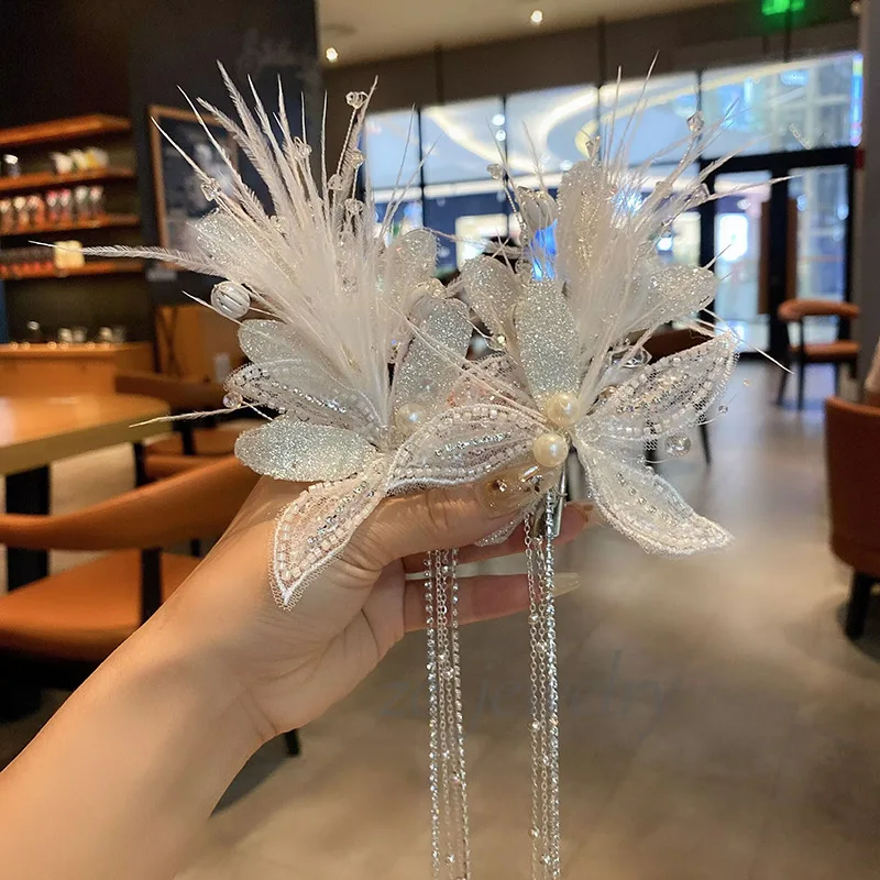

Atmospheric Fairy Crystal Feather Flower Hair Clip for Women NicheinsBridal Hair Accessories Ancient Style Sweet Hairpin