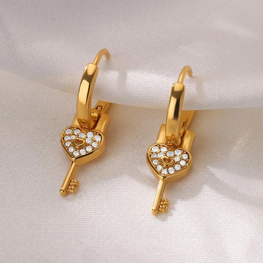 Luxury Heart Key Dangle Earrings for Women Gold Color Stainless Steel Earrings Female Bling Zircon Drop Ear Jewelry aretes mujer