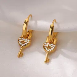 Luxury Heart Key Dangle Earrings for Women Gold Color Stainless Steel Earrings Female Bling Zircon Drop Ear Jewelry aretes mujer