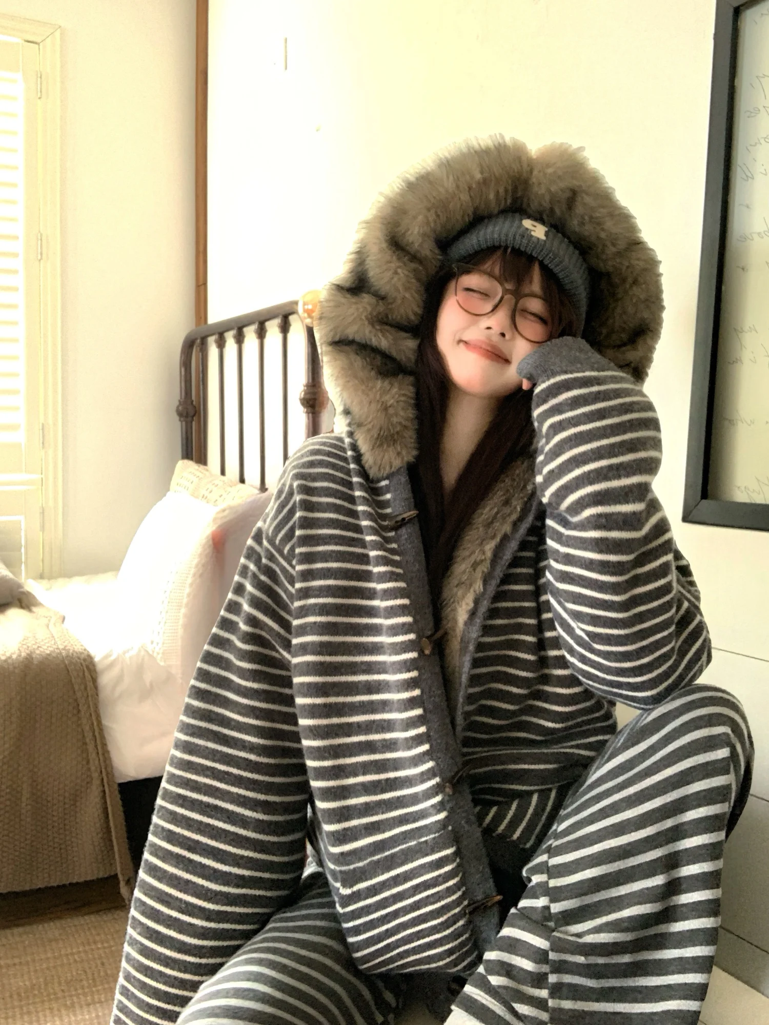 

TUDOU Fce, свободное женское корейское пальто на подкладке, теплое хлопковое пальто в полоску для зимней повседневной одежды