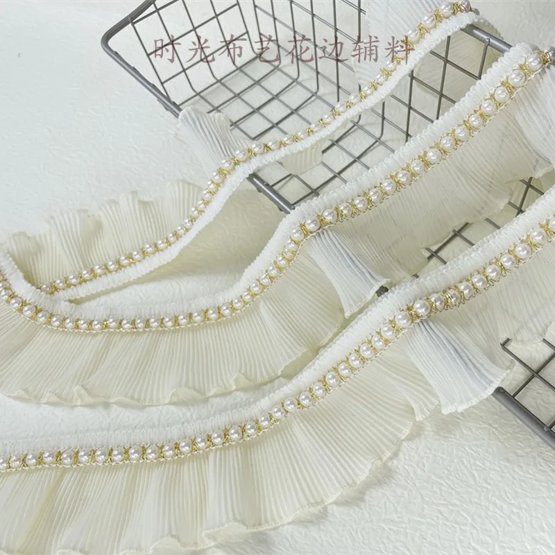 Beige Chiffon Pleated Fabric, Ruffle Frilled Ribbon, Beaded Fringe, Lace Edge Trim, Wedding Dress Collar, DIY Sewing Decor