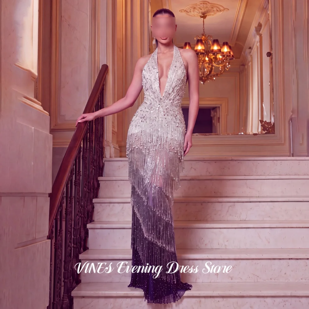 VINES Luxury Silver Purple Halter Evening Dress Beaded Fringe Prom Gown Backless Tassel Mermaid Train Party Dresses Customized