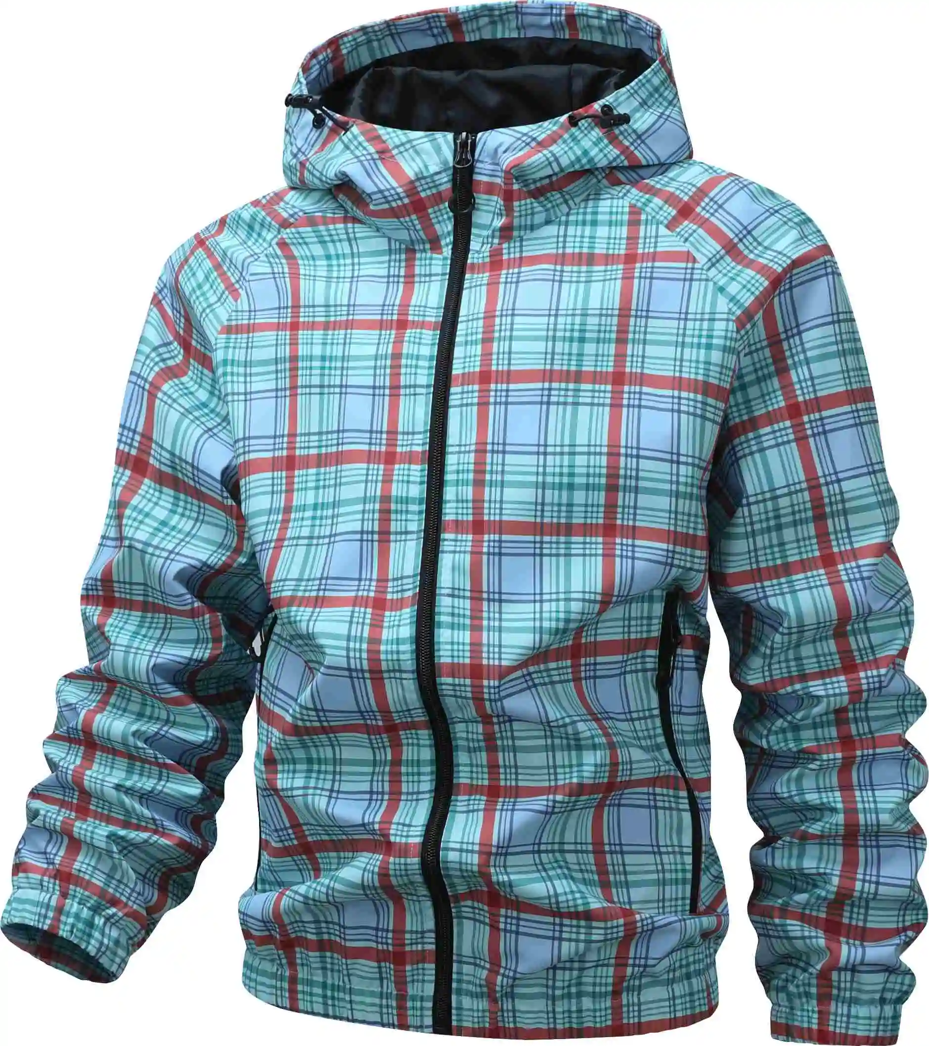 New Men Plaid Hooded Outerwear, Classic Plaid Print Design, Zipper Placket With Zipper Side Pockets, Adjustable Drawstring Hood, Windproof Fabric, Loose Fit, Casual Top For Outdoor And Daily Commute