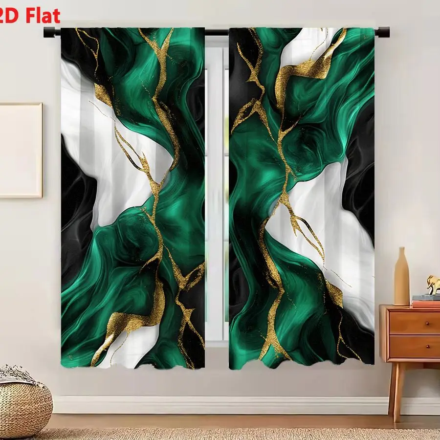 2Pcs Curtains Add 2D Flat Abstract Emerald Green Black White Gold Vein Liquid Marble Art Window Drapes for Bedroom Room Decor De