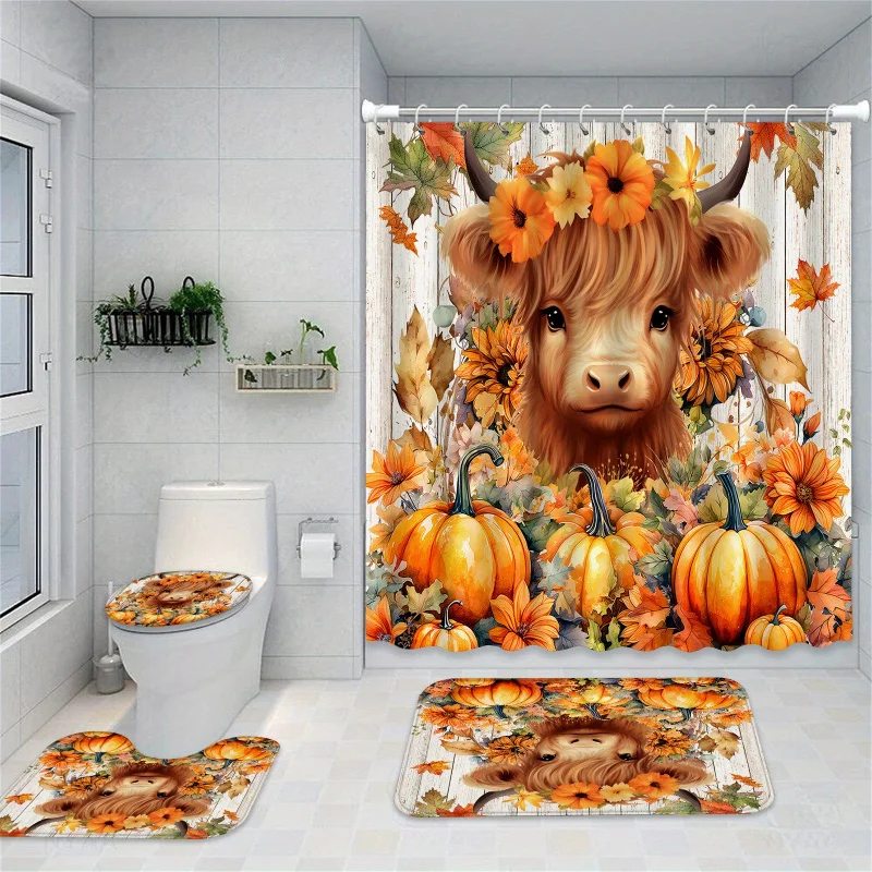 

Набор занавесок для душа с изображением коровы на Хэллоуин, 1/4 шт., деревенский фермерский дом, осенние наборы для ванной комнаты с кленовыми листьями и тыквой S