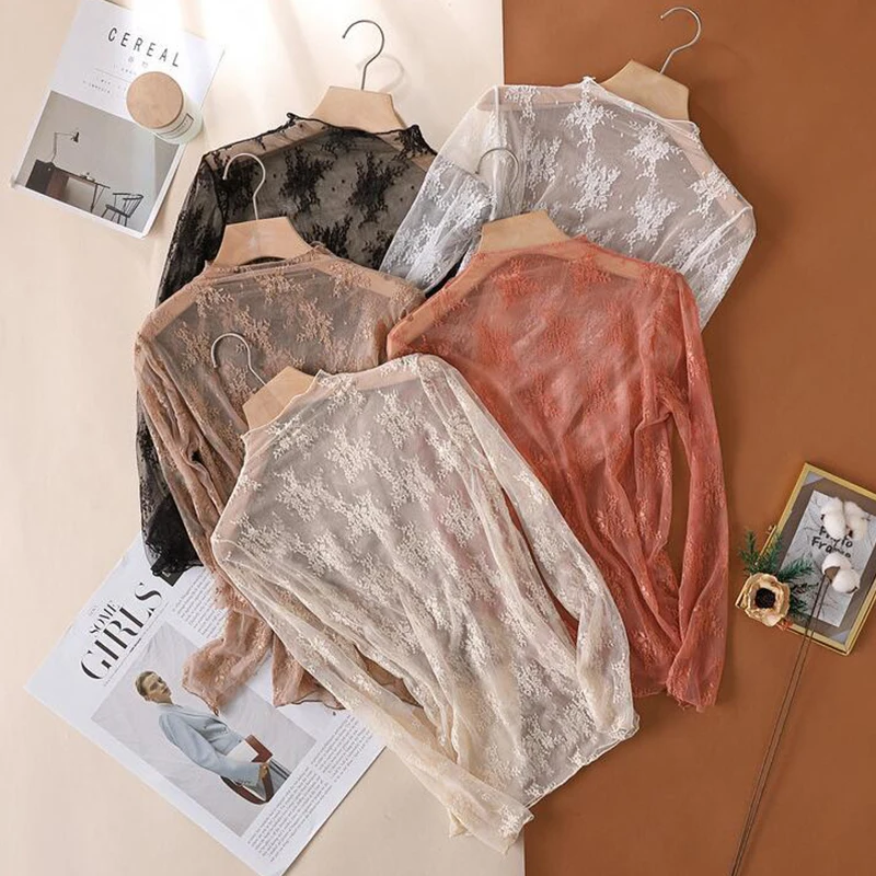 2025Women's Lace Bottom Shirt Spring Summer Lady Tight Long Sleeve Embroid Mesh Top Sexy Lining Shirt Pullover Blouse S-XL
