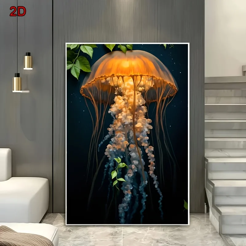 2D-плоский принт, безрамное холст - гигантская медуза в глубоком море, тема океанского биома, настенное искусство без рамы для гостиной, спальни