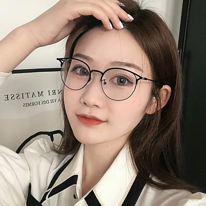 

Cat Ear Myopia Glasses Round Frame Glasses Cute Metal Frame Women's Glasses Clear Glasses Blue Light Blocking Glasses 0 To -6.0