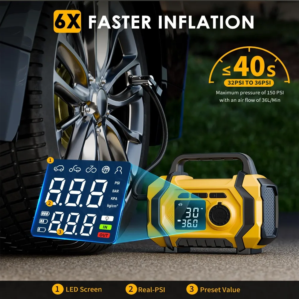 

High Quality 6 in 1 Car Jump Starter 80W with LED SOS Light Air Pump 15V Portable Tire Inflator For Car/Motorcycle/ Bicycle