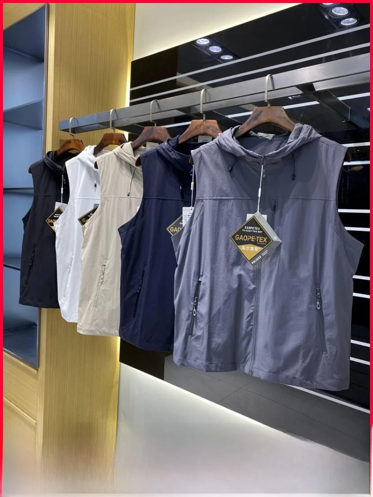 Men's Outdoor Qui Dry Breathable Elastic Waterproof Hooded Vest Layering Sports Jaet Nylon Spandex Zipper Decorated Casual