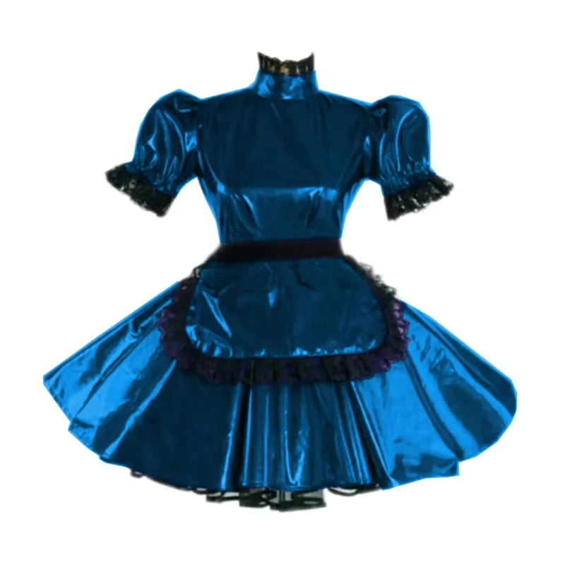 Sippy lolita dress sexy maid outfits turtleneck puff sleeve flared patent leather dress with apron Gothic dress maid role play u