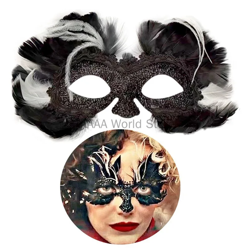 Women Halloween Feather Mask Adult Unisex Accessories Cruella the Witch Masquerade Party Headgear Mask