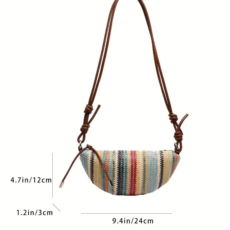 Adjustable Strap, Rainbow Crossbody Bag Woven Bag Women's, Zipper Closure, Vibrant Striped Design for Beach Vacations Daily Use