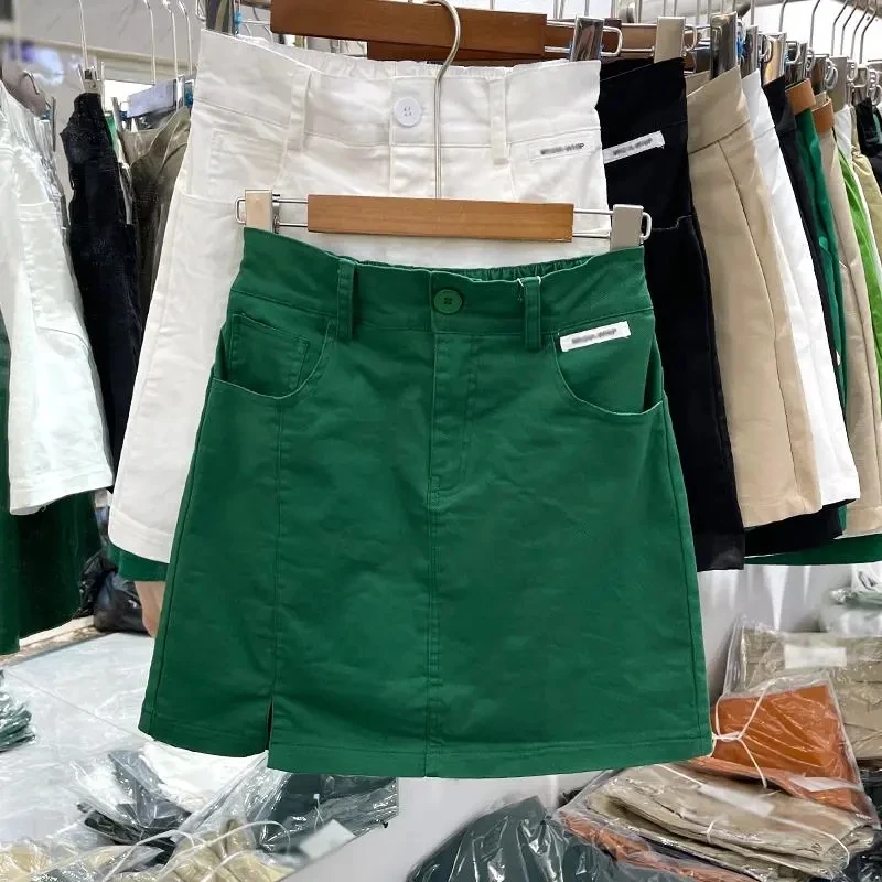 

Summer New Cotton Split Skirt Women's High-waisted A-line Thin and Anti-glare Bag Hip Skirt Women Short Skirt