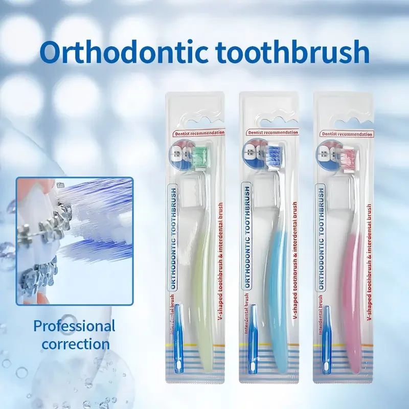 3 Set Orthodontic Toothbrush Set Soft Bristle Between Teeth Cleaning Brush Tartar Cleaning Brush U Shaped Toothbrush with Sheath