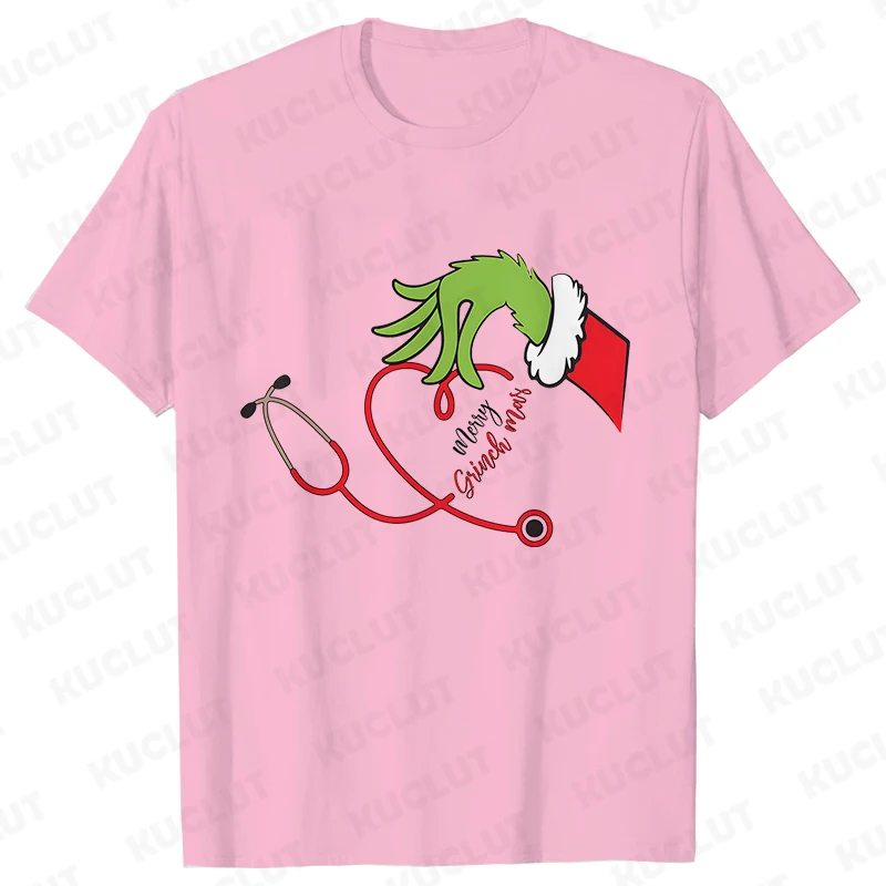 Merry Grinchmas T-Shirt for Women Funny Stethoscope Graphic Tops for Doctor Nursing Gift Xmas Short Sleeve Tees Female Clothing