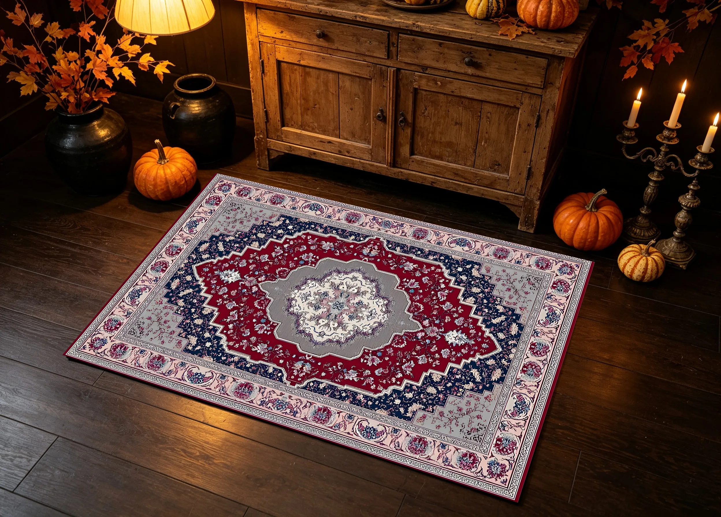 Velvet Rug Red Blue Color Block Persian Classical Pattern Retro European Style for Living Room Decor