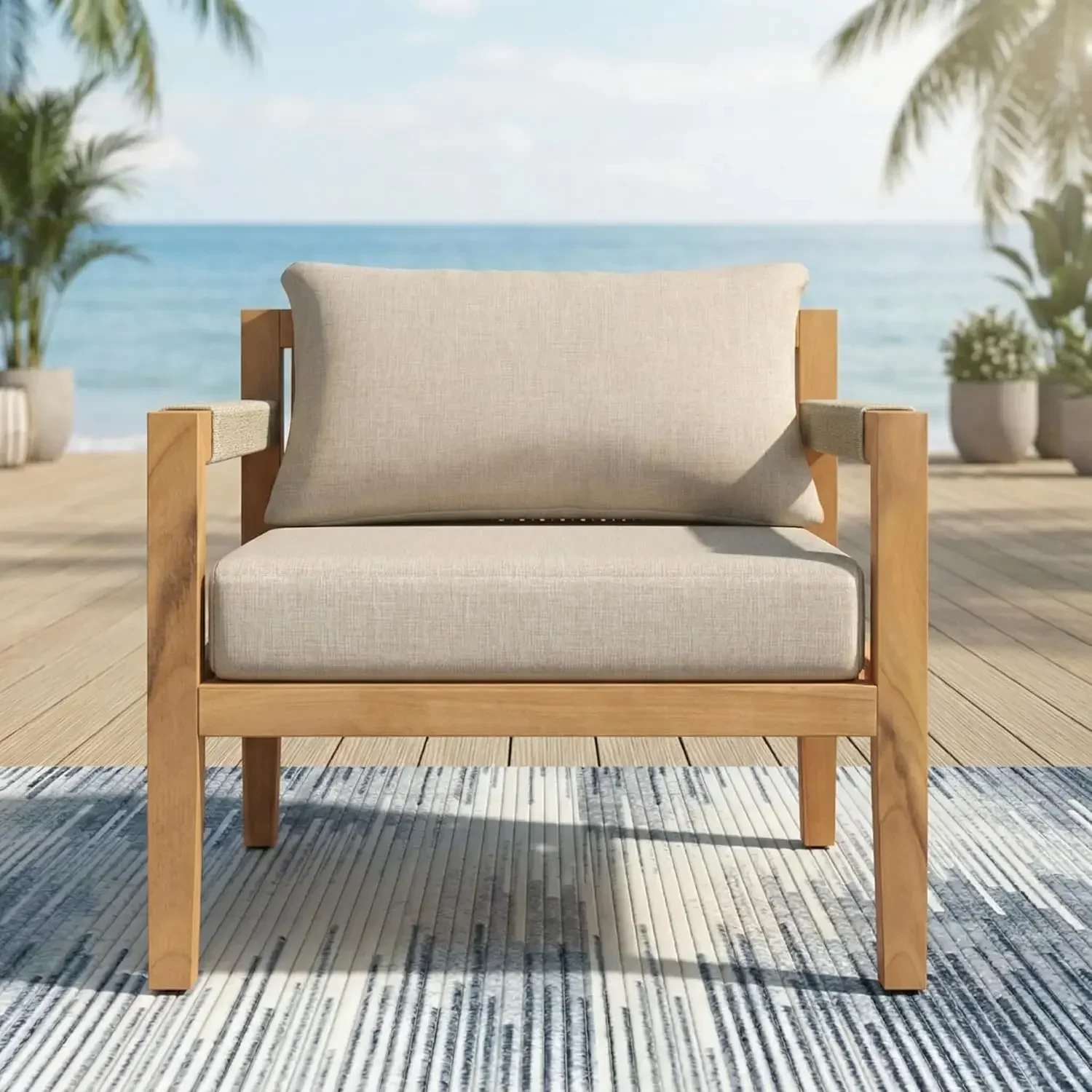 Acacia Wood Outdoor Leisure Chair with Beige Rope Weave, Weather-Resistant Cushions, Spacious Patio Seating for Porch, Deck, or