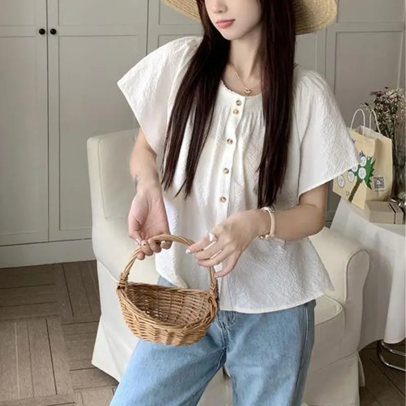 Casual Sweet Lace Spliced Blouse 2024 Summer Korean Short Sleeve Loose Female Clothing Solid Color Commute Single-breasted Shirt