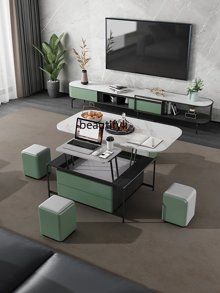 Lifting Coffee Table Dual-Use Integrated Living Room Stone Plate Dining Table Multifunctional Foldable Creative Coffee Table