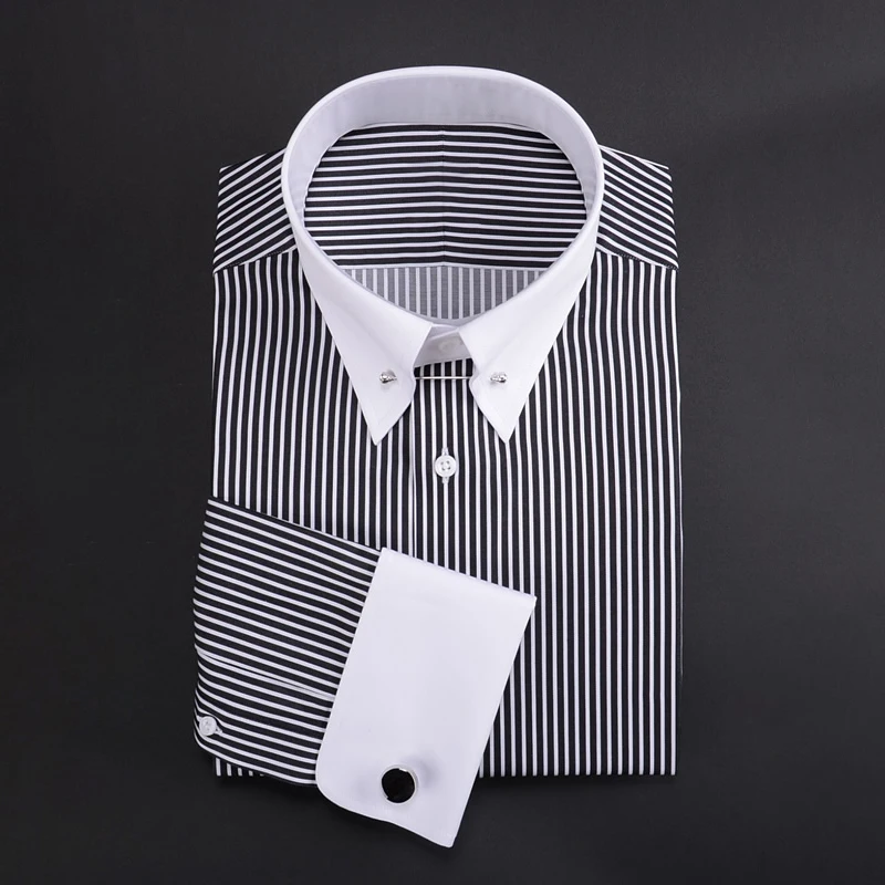 High quality men\'s shirt empire collar long sleeve French shirt slim-fit business trend  striped shirt