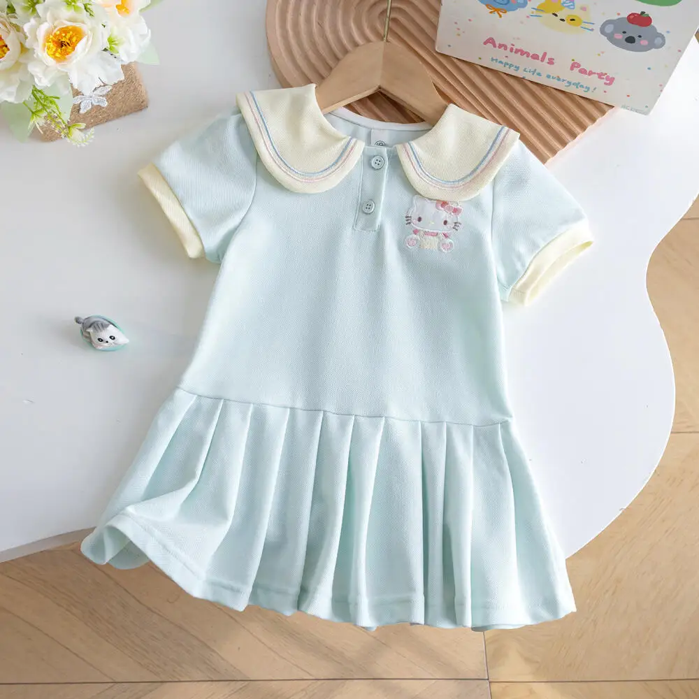 

Hellokitty Girls 2026 New Summer Princess Dresses Short Sleeve Preppy Style Doll Collar Pleated Polo Skirt Children Clothing
