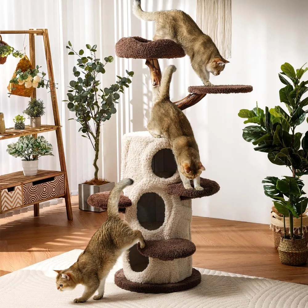 

54.7'' Tall Modern Wood Cat Tree with 3 Level House, Luxury Cat Tower for Home Decoration, Large Cat Condo for Multi-Cat Familie