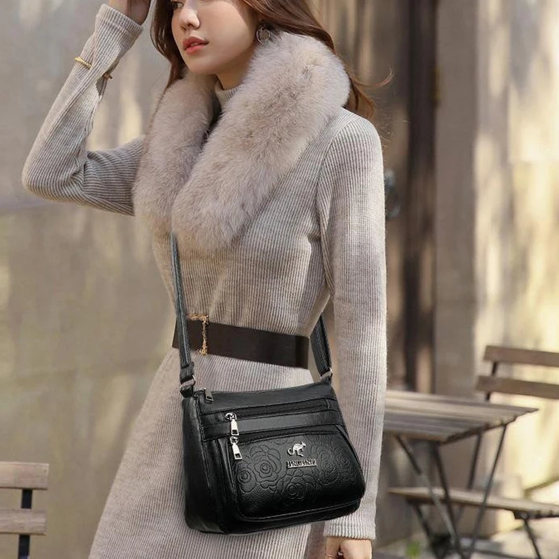 Bolsa de compras feminina de meia-idade multicamadas de grande capacidade de ombro único crossbody bolsa de compras para mães