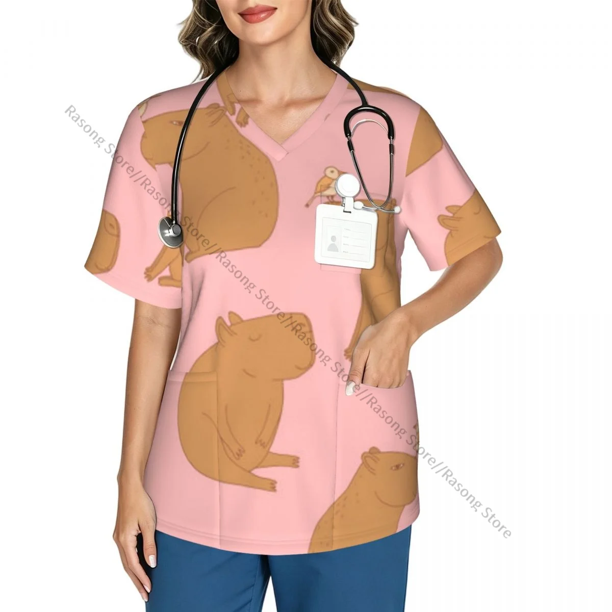 Women's Scrub Tops Short Sleeve Workwear Shirts Fitness Nursing Uniform Capybara Pattern Pullover Doctor Nursing Shirt