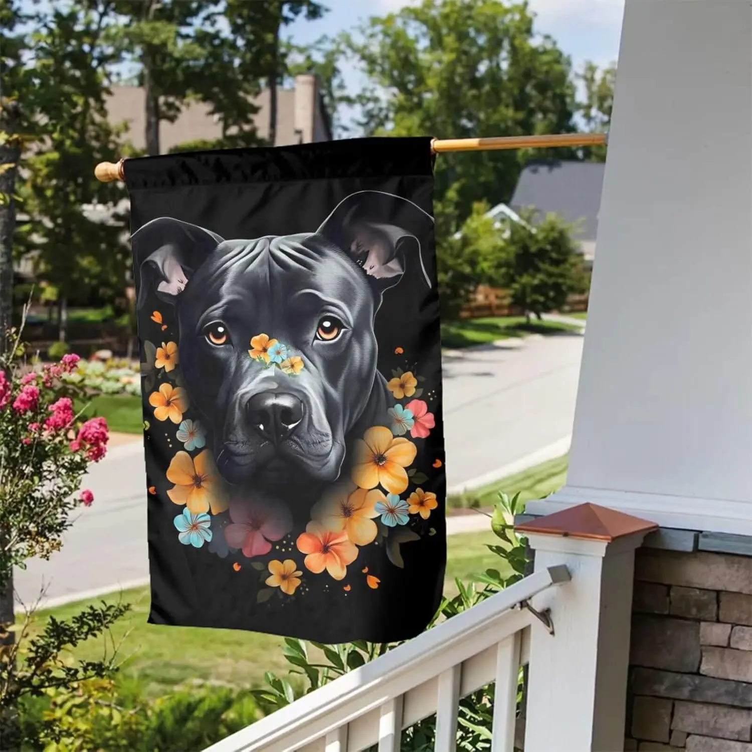 Black Pit Bull Dog with Florals Garden Flag 12X18 inch Double sided,Suitable for Outdoor Use,Patio Home Holiday Decoration B IIC