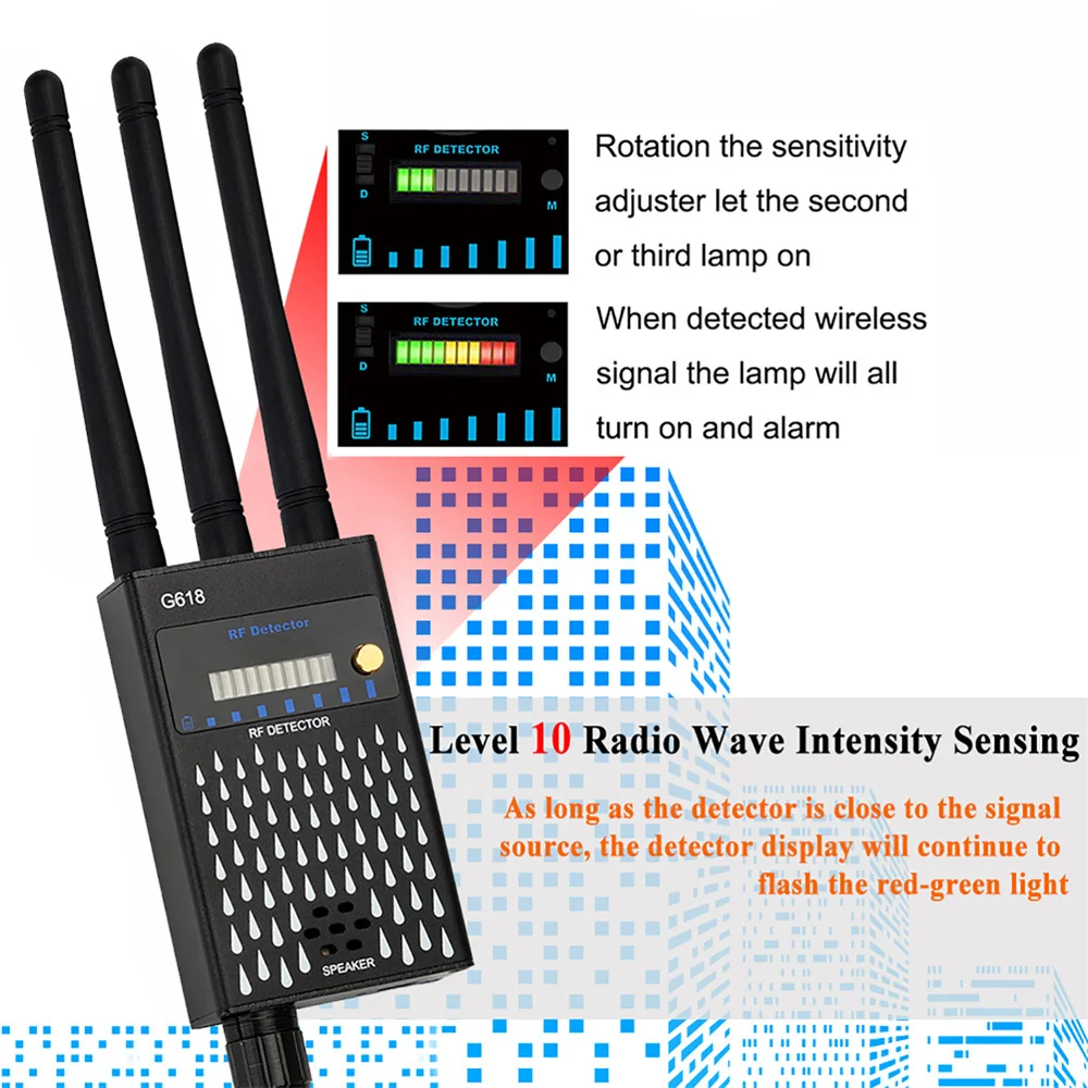 เครื่องสแกนกล้องสอดแนมไร้สาย RF ตัวจับสัญญาณเครื่องติดตามสัญญาณ GPS สัญญาณเสียง GSM อุปกรณ์ค้นหาความเป็นส่วนตัวป้องกันการดักฟังสาย