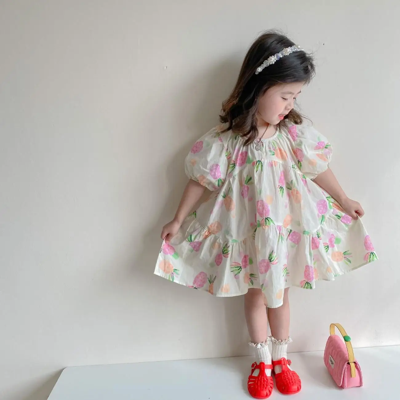 

Summer Girls' Bubble Sleeve Printed Short Sleeve Dress New Product Children's Princess Skirt