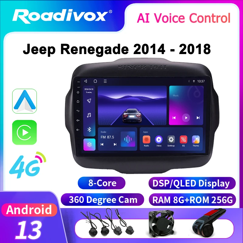 roadivox Android Car Radio for Jeep Renegade 2014 - 2018 GPS Navigation Video Stereo Screen Multimedia Player Recorder Carplay