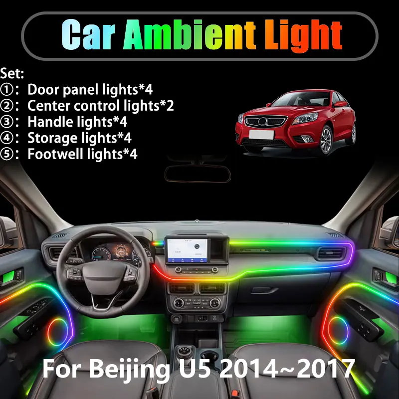 

Для Beijing U5 2014 ~ 2017 MK1 Auto C50E 2/18 в 1 Автомобильное окружающее освещение Светодиодные внутренние светодиодные фонари багажника USB RGB Ensemble Streamer