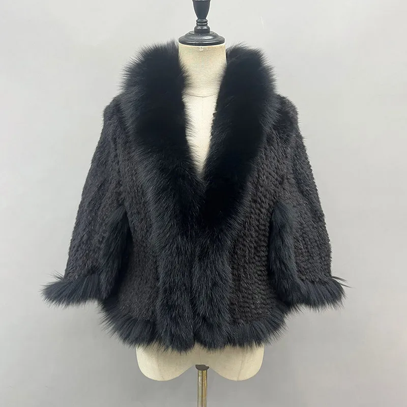 Poncho de malha de pele de vison real 100% Natural Fox Fur Collar, Pashmina Shawl, Outono e Inverno cachecol, novo