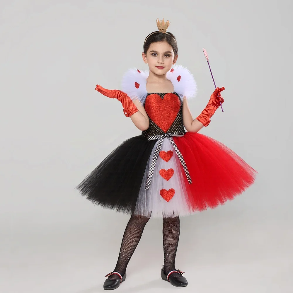 

Alice Red Queen Long Tutu Dress for Girls Christmas Halloween Full Length Costumes Carnival Disguise with Crown Hearts Wand