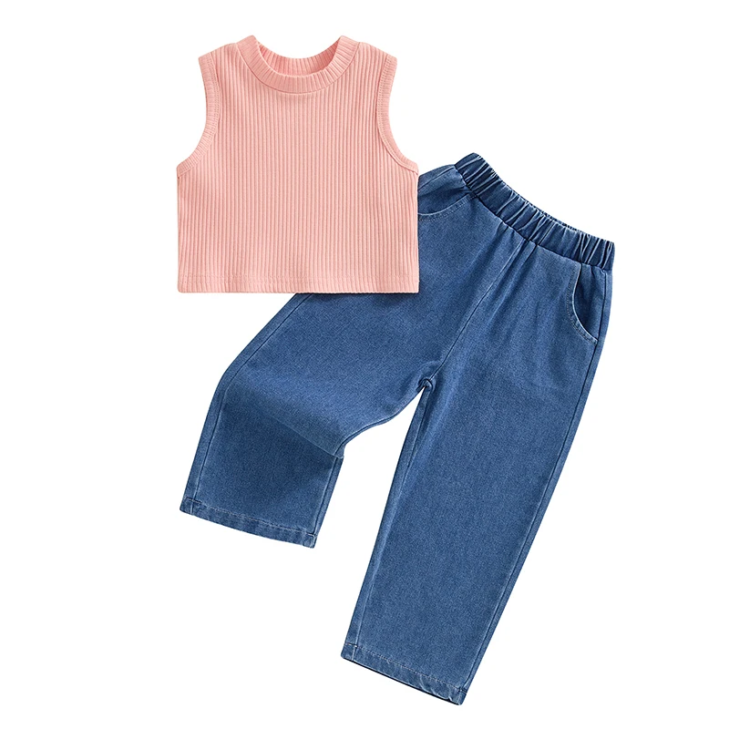 

Kids Girls Summer Outfits Solid Color Ribbed Knit Sleeveless Tank Tops and Elastic Waist Jeans Denim Pants 2Pcs Clothes Set