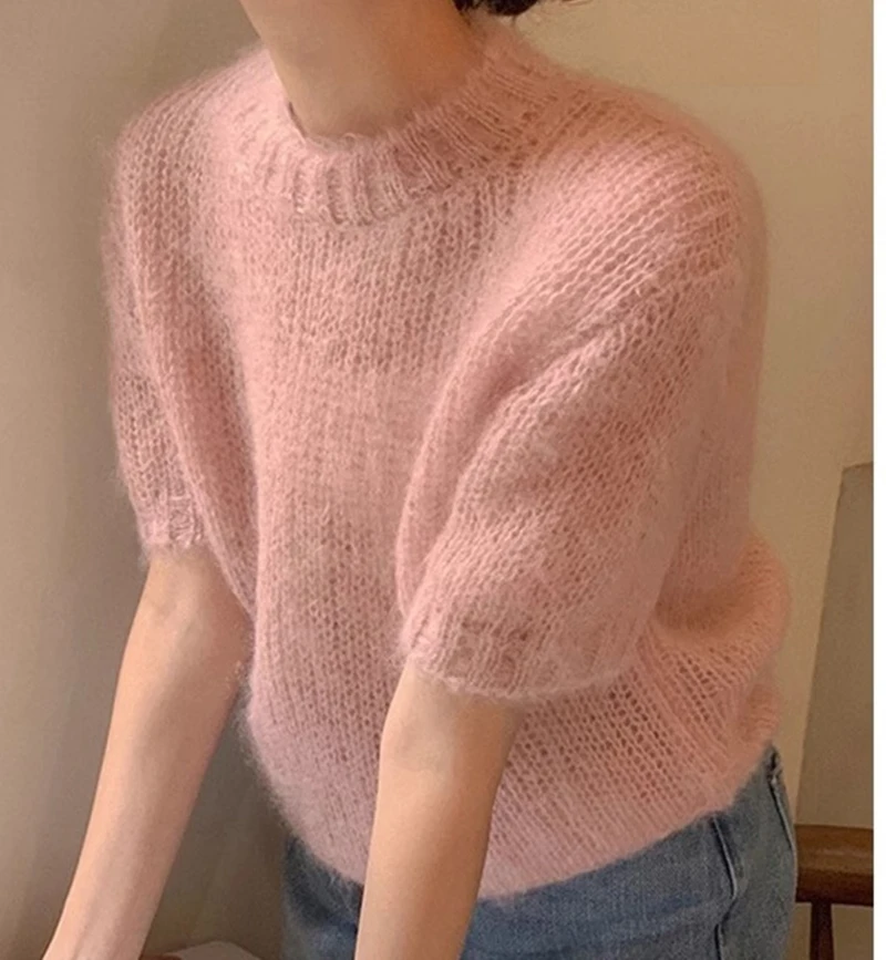 Pink Mohair Women\'s Sweater Summer O-Neck Short Sleeves All-matched Thin Knitted Tops Gentle Elegant Soft Female Pullovers