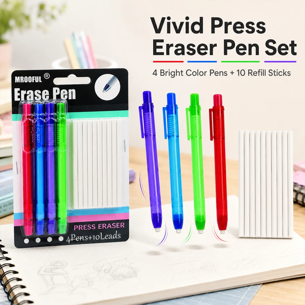Pen Shape Press Type Pencil Eraser Set with 10 Replaceable Core,for Sketching Writing Erase Supplies Stationery Accessories ﻿