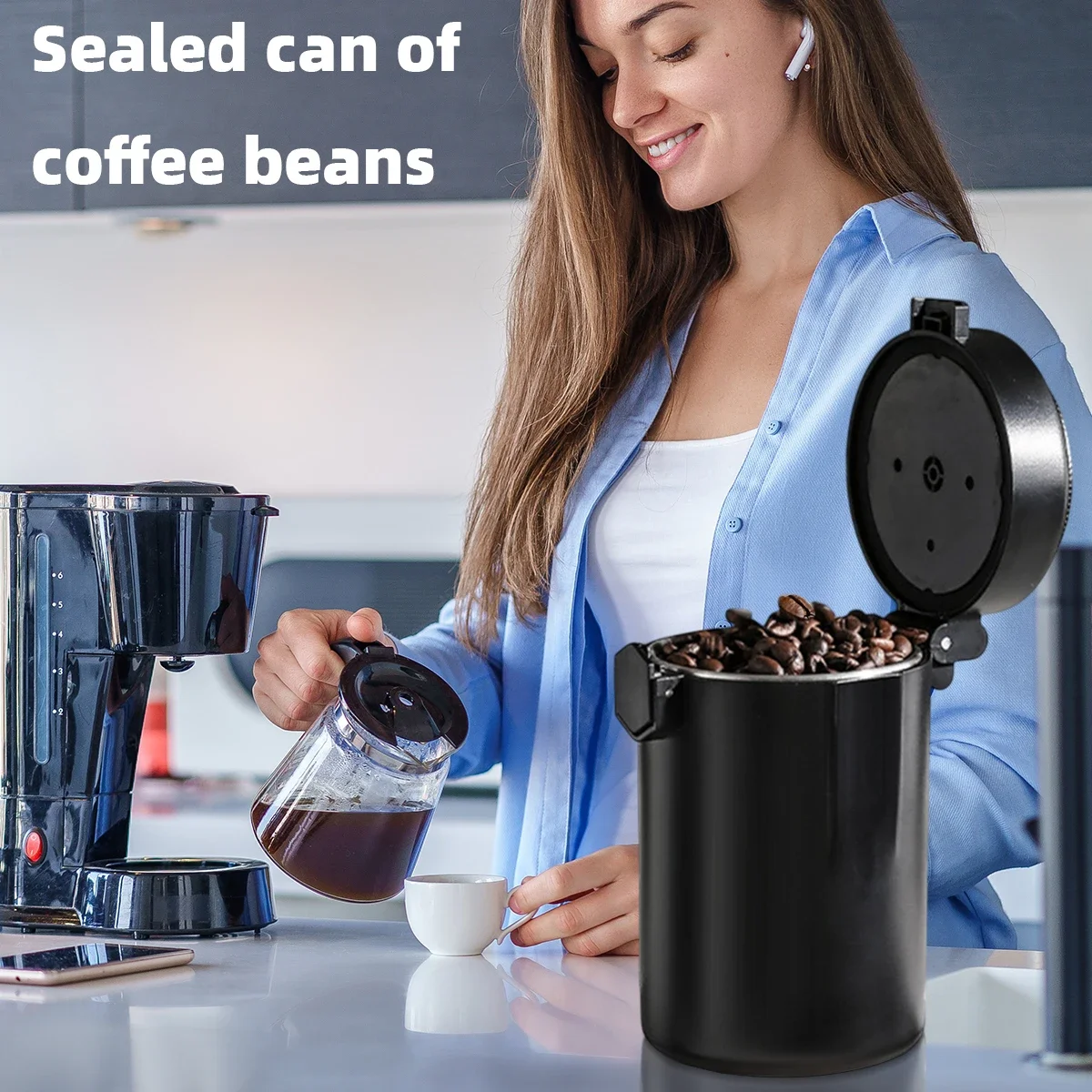 Camping Airtight Coffee Canister with Humidity Monitor and CO2 Exhaust Valve, Travel Vacuum Coffee Storage Container view 6