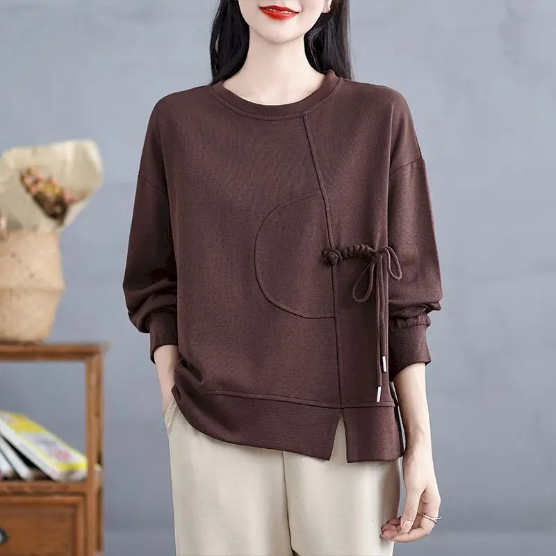 70% Cotton Pullovers Women Fashion Design Drawstring Pullover Casual Loose O-neck Short Tops Spring Autumn Long Sleeve T Shirt
