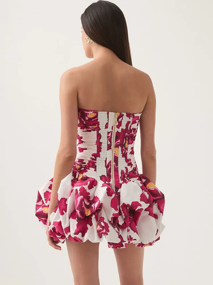 GACVGA เซ็กซี่ Strapless พิมพ์ Ruffles พับ Deign Mini A-Line ชุดผู้หญิง Elegant Patchwork Club Party ชุดราตรี