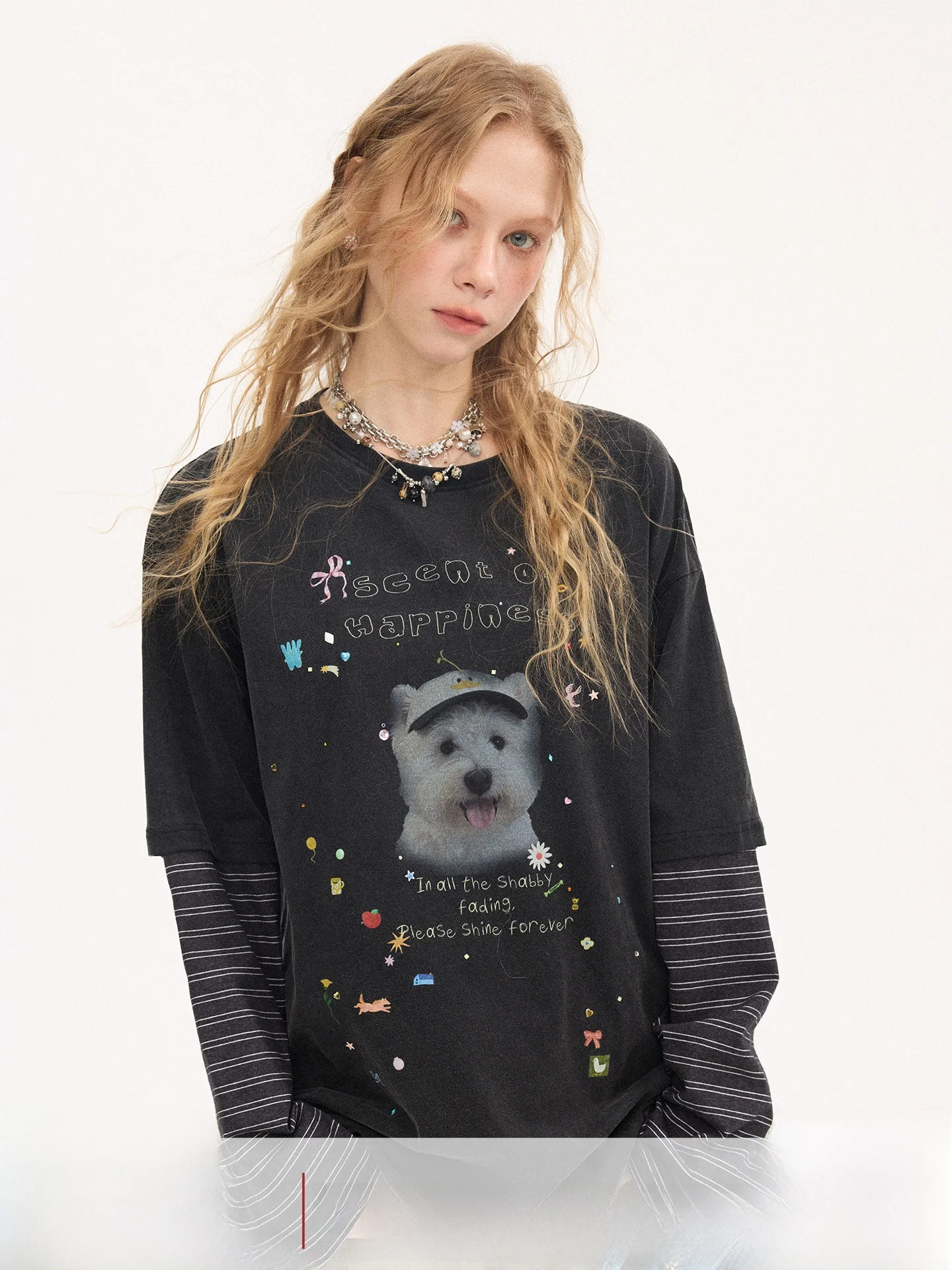 DIDDI MODA Cartoon Sticker  Rhinestone Splicing Long Sleeve Loose round Neck Full Cotton T-Shirt Women's New Style