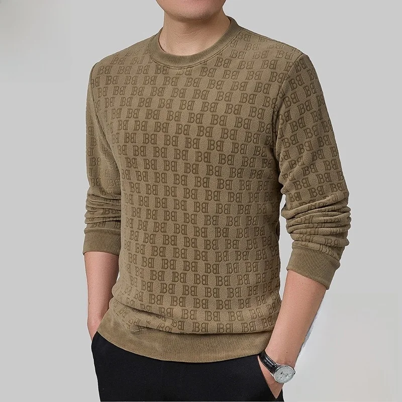 

Thiened Fce Hoodie Men's Embroidered round Ne Base irt Winter Faion Loose One-piece Velvet Mid-aged Polyester Spandex