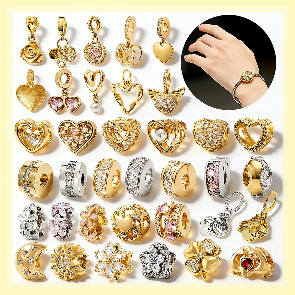 

Хит продаж: Сверкающие бусины-шармы в форме сердца и цветка для браслетов типа «змейка» (различные модели), праздничные ювелирные подарки