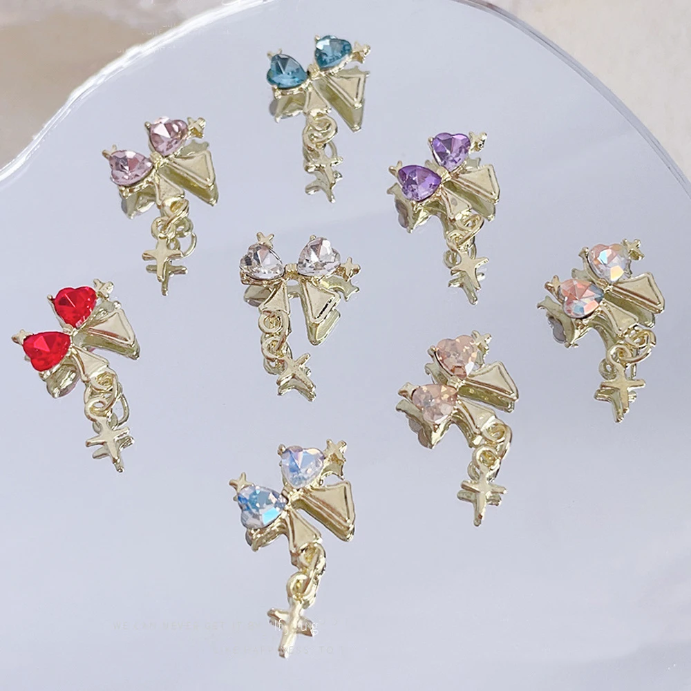 10Pcs Bow Pendant Design Nail Art Charms 3D Zircon Metal Chain Designer Nail Jewelry For Korean DIY Nail Art Accessories